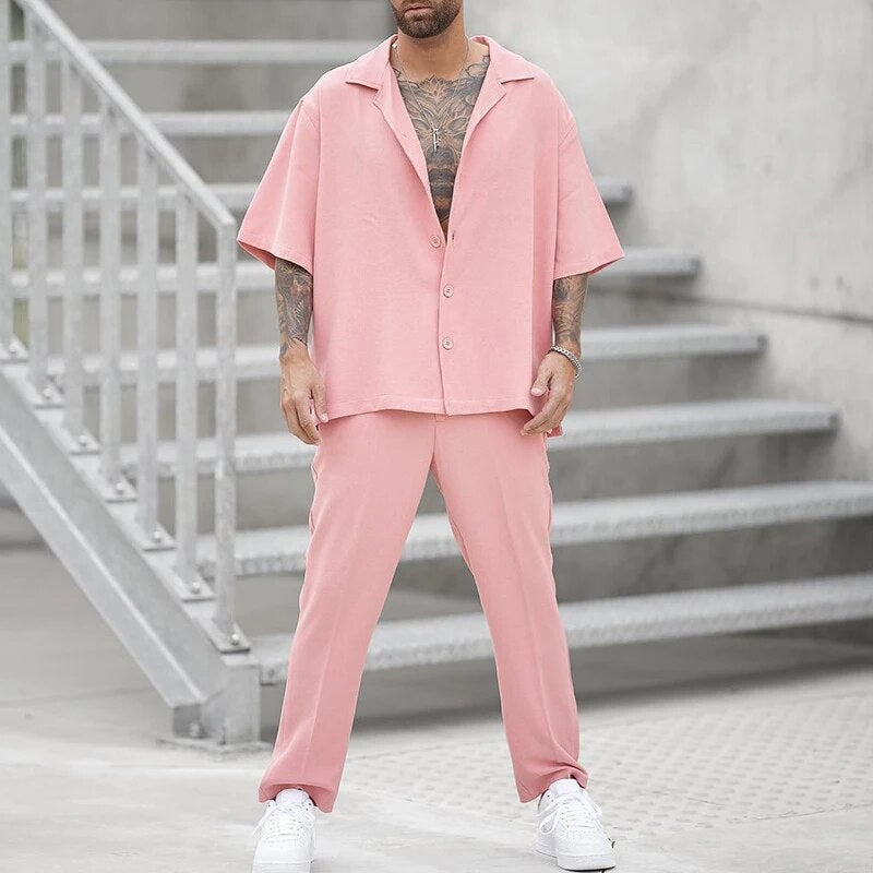 Zweiteiliges Set | Rosa | Kurze Ärmel | Hose und Hemd | Herren-Set-Chaps Herrenmode