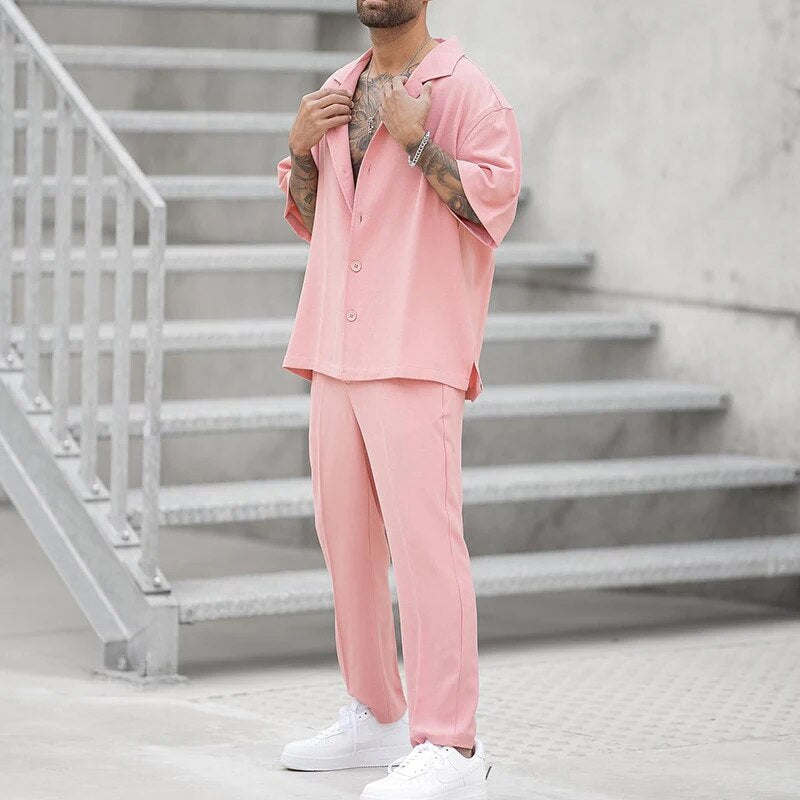 Zweiteiliges Set | Rosa | Kurze Ärmel | Hose und Hemd | Herren-Set-Chaps Herrenmode