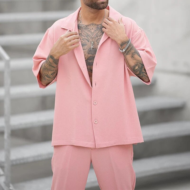 Zweiteiliges Set | Rosa | Kurze Ärmel | Hose und Hemd | Herren-Set-Chaps Herrenmode