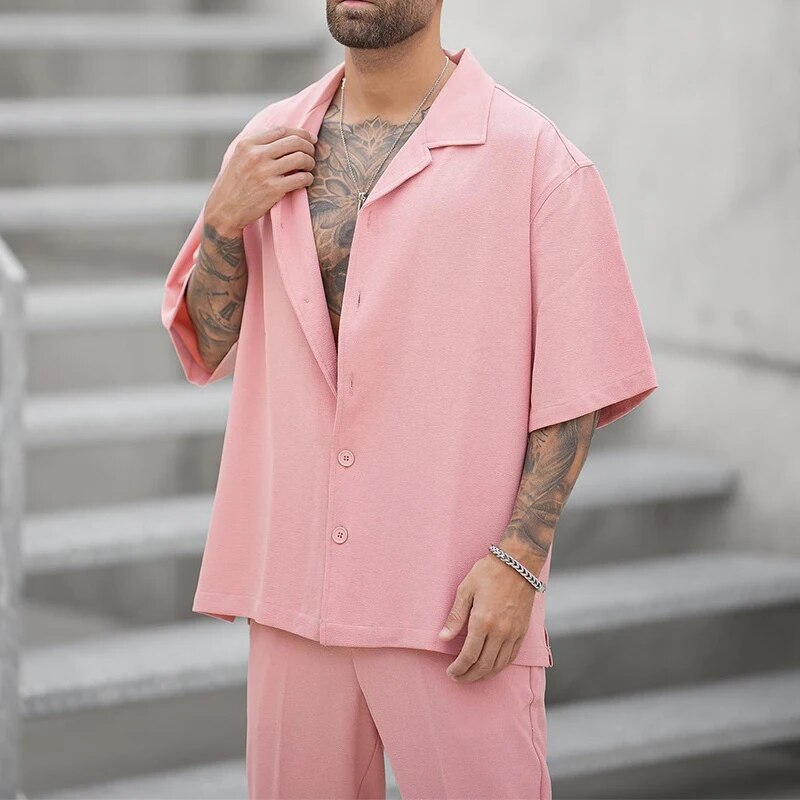 Zweiteiliges Set | Rosa | Kurze Ärmel | Hose und Hemd | Herren-Set-Chaps Herrenmode