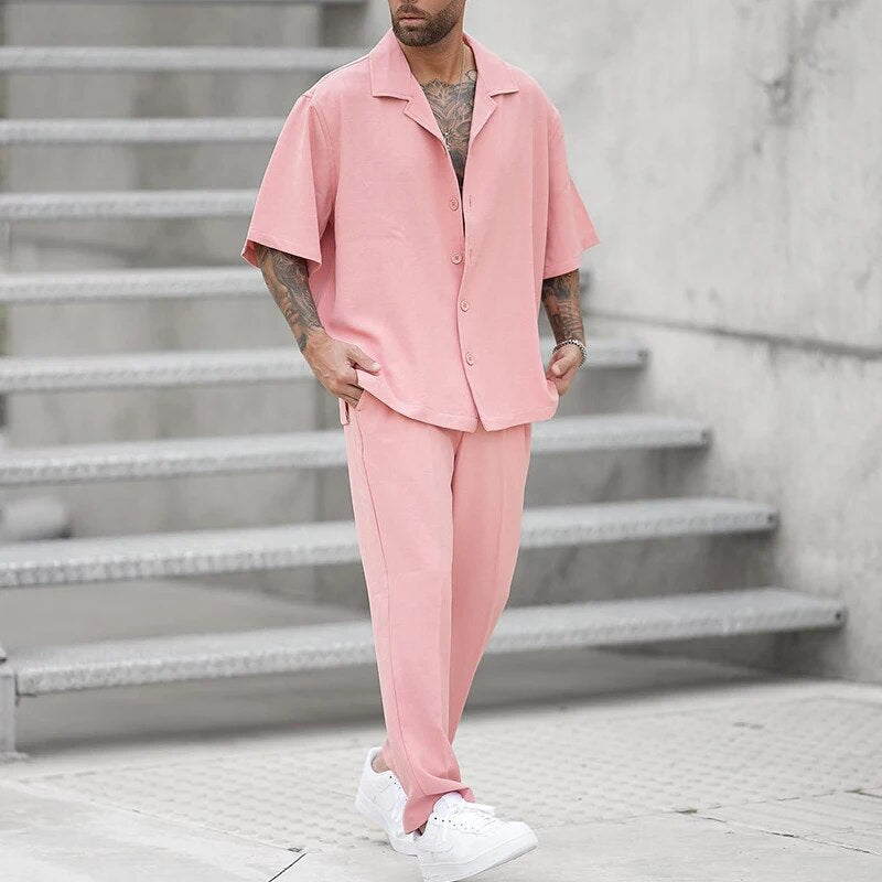 Zweiteiliges Set | Rosa | Kurze Ärmel | Hose und Hemd | Herren-Set-Rosa-S-Chaps Herrenmode