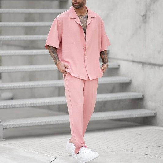 Zweiteiliges Set | Rosa | Kurze Ärmel | Hose und Hemd | Herren-Set-Rosa-S-Chaps Herrenmode