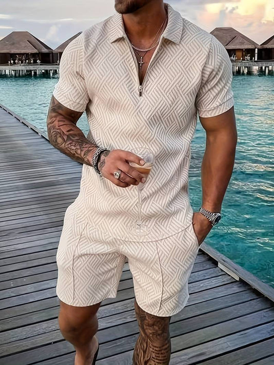 Zweiteiliges Set - Sommer - Kurzarm - Shorts - Herrenbekleidung-Beige-S-Chaps Herrenmode
