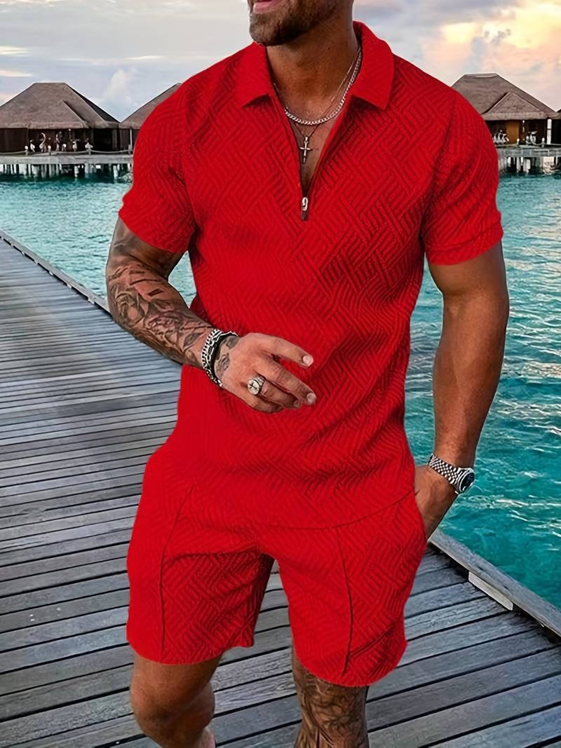 Zweiteiliges Set - Sommer - Kurzarm - Shorts - Herrenbekleidung-Rot-S-Chaps Herrenmode