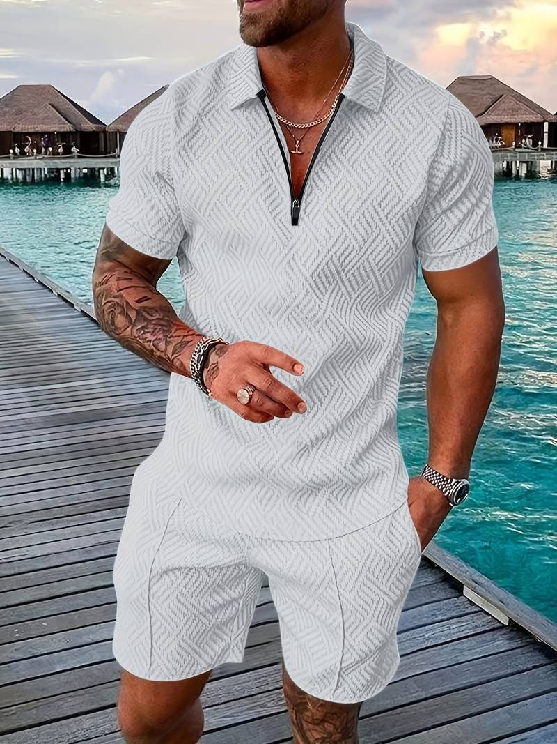 Zweiteiliges Set - Sommer - Kurzarm - Shorts - Herrenbekleidung-Weiß-S-Chaps Herrenmode