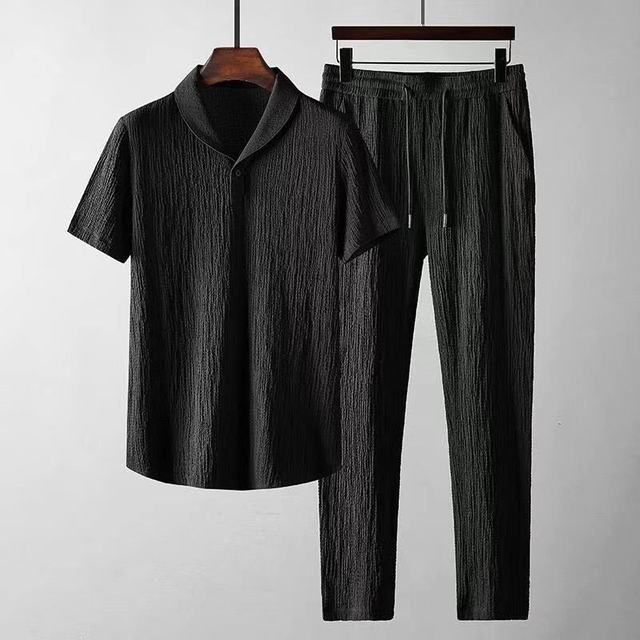 Zweiteiliges Set - T-Shirt - Kordelzug - Co-Ord Set - Sommerkleidung für Männer-Schwarz-S-Chaps Herrenmode