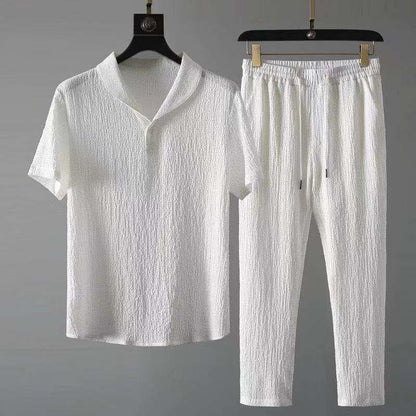 Zweiteiliges Set - T-Shirt - Kordelzug - Co-Ord Set - Sommerkleidung für Männer-Weiß-S-Chaps Herrenmode