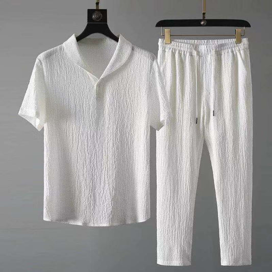 Zweiteiliges Set - T-Shirt - Kordelzug - Co-Ord Set - Sommerkleidung für Männer-Weiß-S-Chaps Herrenmode
