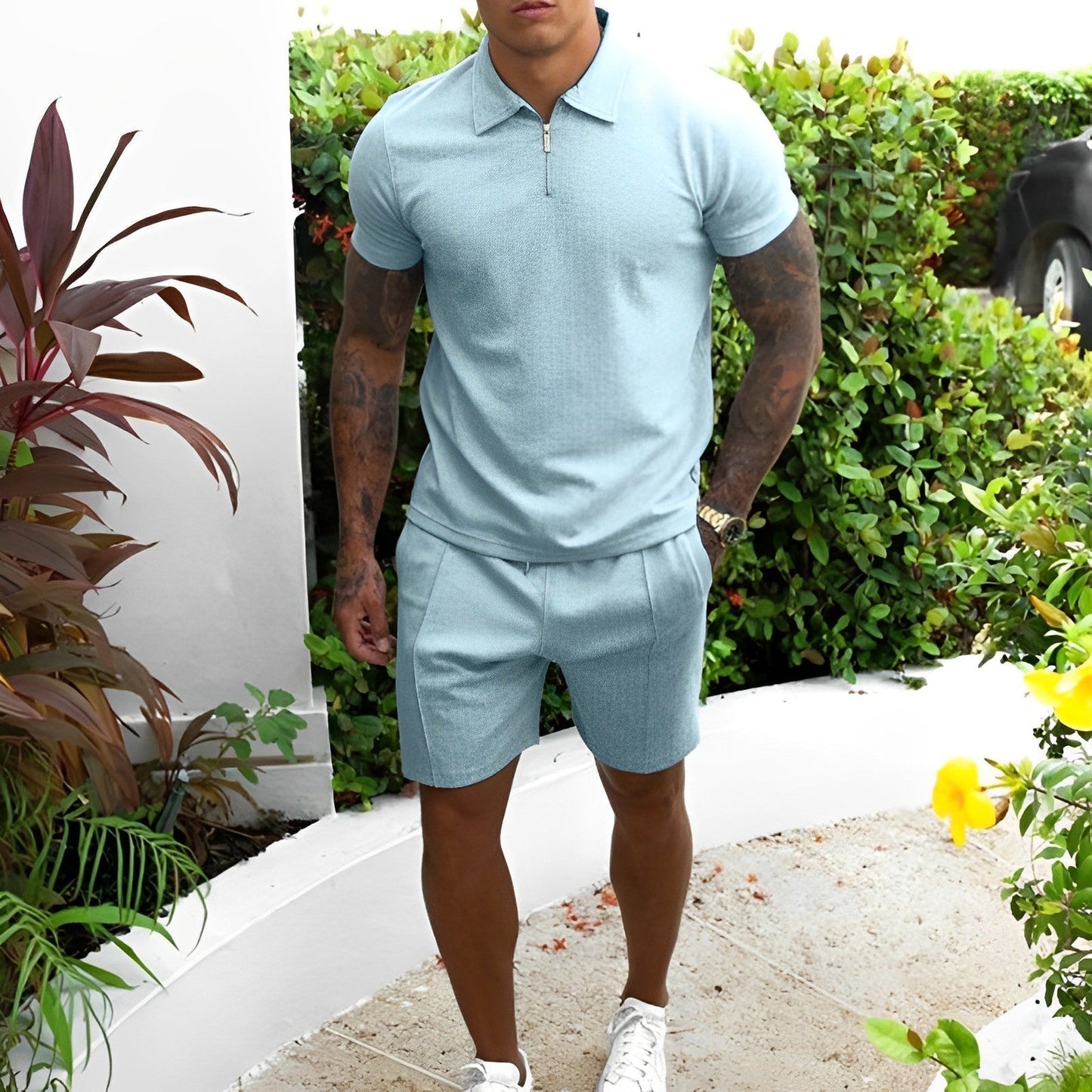 Zweiteiliges Set – T-Shirt und Shorts für Männer, perfekt für den Sommer-Marineblau-S-Chaps Herrenmode