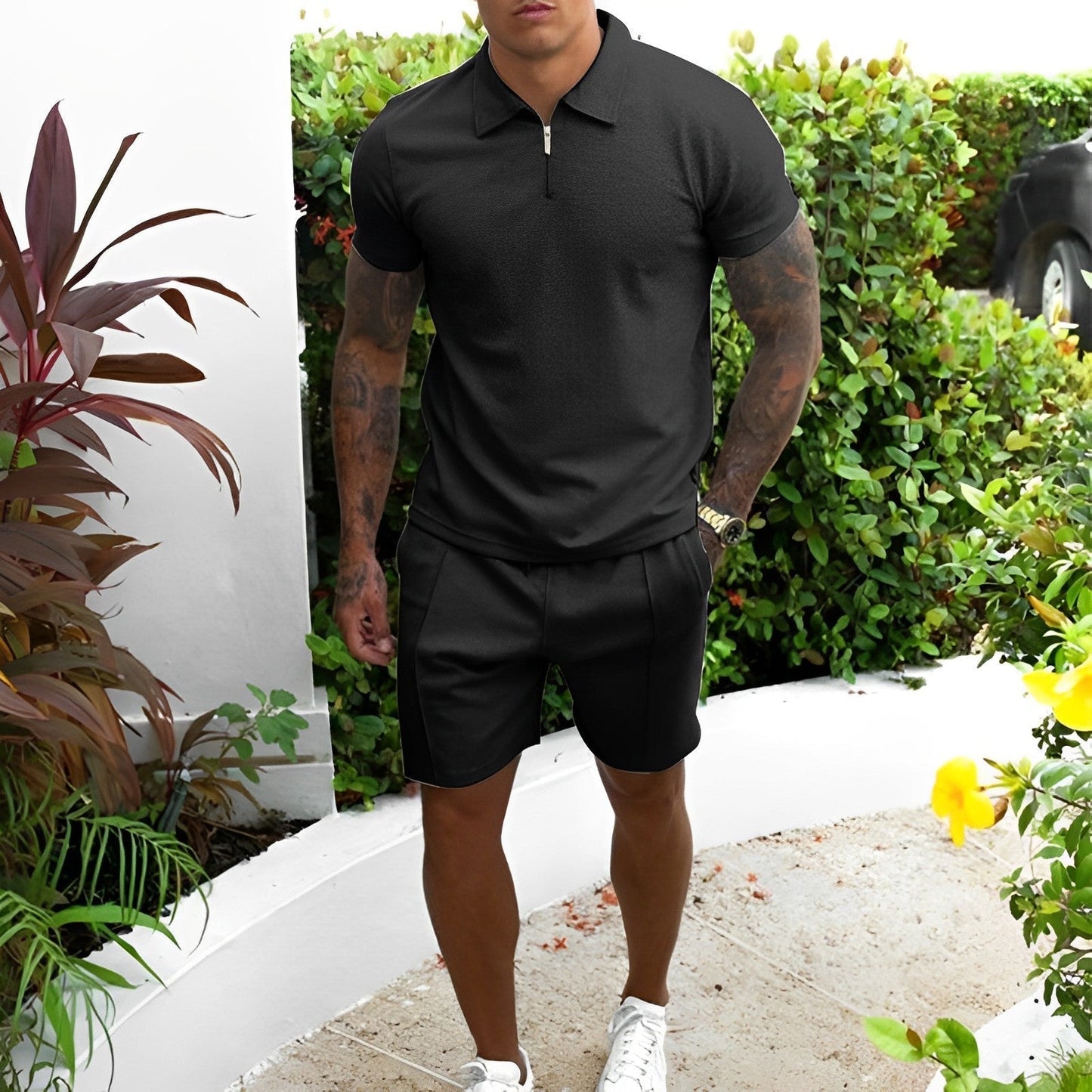Zweiteiliges Set – T-Shirt und Shorts für Männer, perfekt für den Sommer-Schwarz-S-Chaps Herrenmode